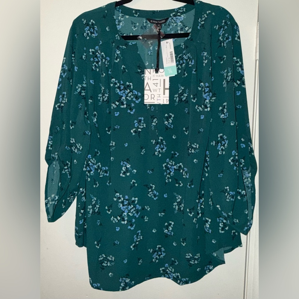 41 Hawthorn Teal Green Floral 3/4 Sleeve Blouse